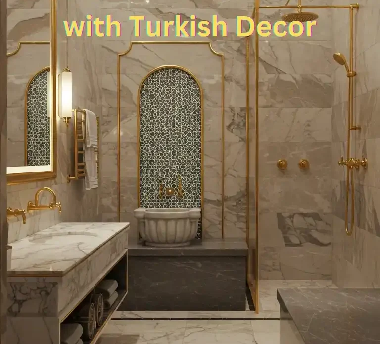 A luxurious Turkish decor bathroom showcasing light gray marble tiles, ornate gold trim, and a decorative, patterned ceiling. The room features a marble-topped vanity with gold fixtures, a freestanding stone sink set within an arched alcove, and a spacious shower area with gold plumbing. A marble bench provides a comfortable seating area within the shower. The overall design evokes a sense of opulence and Middle Eastern elegance, a common element in Turkish decor bathrooms.