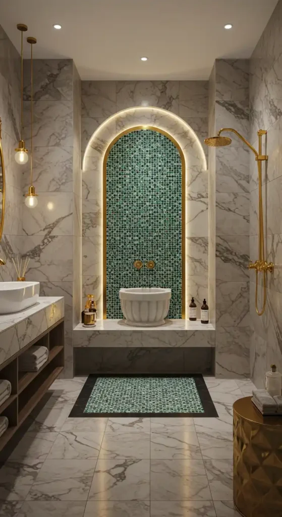 A beautifully designed Turkish decor bathroom features light marble walls and floors, complemented by luxurious gold accents. An arched niche with a green mosaic tile backdrop houses a unique, carved stone sink. The room also has a modern white countertop vanity with wooden shelving, gold pendant lights, a gold shower fixture, and a metallic side table. A green mosaic mat on the floor adds an additional layer of texture and visual interest. The overall impression is one of elegance and opulence, characteristic of many Turkish decor bathrooms.