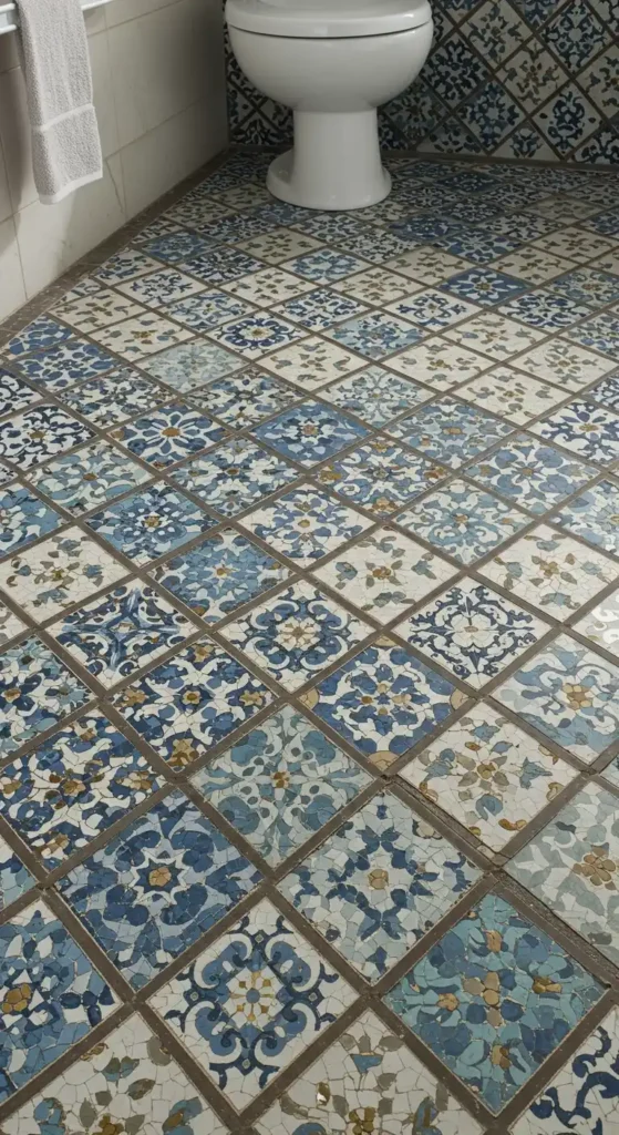 A close-up view of a Turkish decor bathroom floor featuring a pattern of blue and white ceramic tiles. The tiles are arranged in a diamond grid, each with unique floral motifs in shades of blue, with touches of yellow and cream on an off-white background. The floor extends to the base of a white toilet and has grout lines creating the geometric pattern. The detailed floral design and diamond layout are characteristic of the intricate patterns often seen in Turkish decor bathrooms.