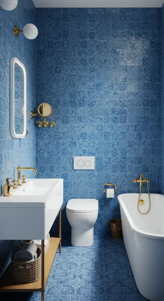 A vibrant Turkish decor bathroom is completely tiled in a rich blue, patterned ceramic. The room features a modern white sink with gold fixtures, a rectangular, illuminated mirror, and a gold-toned magnifying mirror mounted on the wall. A white toilet and a classic, freestanding white bathtub with gold fittings are also visible. The consistent use of blue tiles, with their intricate designs, creates a bold and immersive environment, typical of many Turkish decor bathrooms.