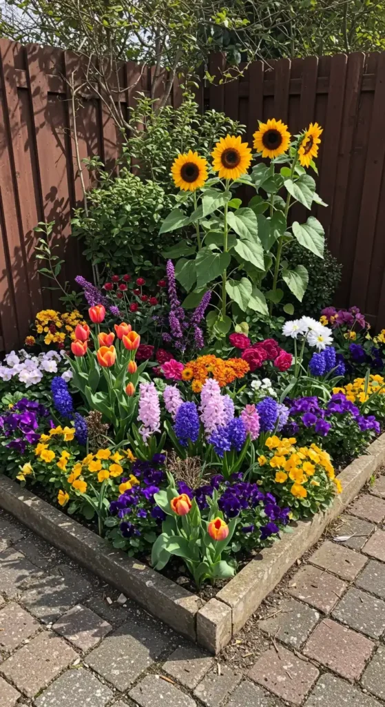  This image showcases corner garden decor ideas featuring a rectangular raised flower bed at the corner of a fence and brick path. The garden bed is overflowing with a colorful assortment of flowers including sunflowers, tulips, hyacinths, and pansies. The variety of colors and plant heights adds depth and visual interest to this corner garden space.