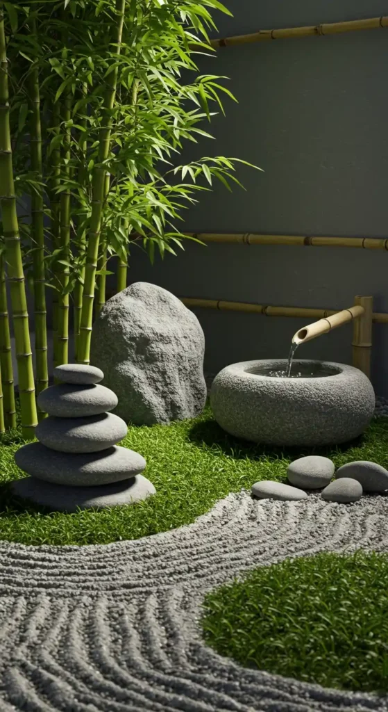 This image displays corner garden decor ideas, showcasing a peaceful Japanese-style arrangement featuring a bamboo grove in the corner, a rock stack, a larger single rock, and a small stone water basin with a bamboo spout. The design is enhanced by a raked sand path and patches of green grass creating a calming and meditative space.