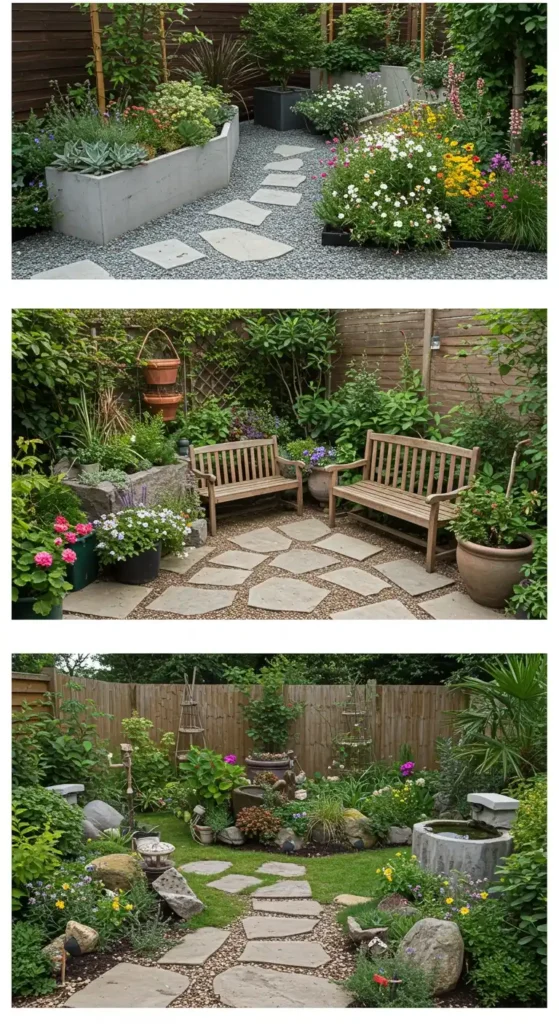 This image presents three distinct corner garden decor ideas. The top image features a modern garden with a concrete planter and gravel path leading to a flower bed. The middle image shows a cozy corner garden with wooden benches and potted plants arranged around a stone patio. The bottom image displays a more rustic corner garden with a winding stone path, a water feature, and natural rock accents. These arrangements highlight varied styles for utilizing corner garden spaces.