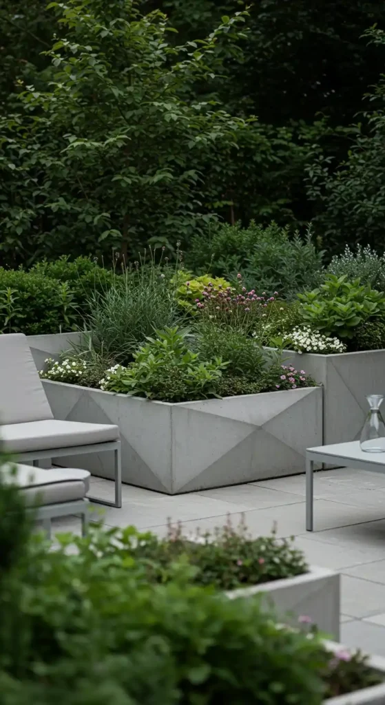 This image showcases modern corner garden decor ideas, featuring geometric concrete planters filled with a variety of plants, including purple and white flowers, herbs, and other lush greenery. The planters are arranged on a paved patio next to a contemporary outdoor chair and table, creating a stylish and inviting garden space. A backdrop of mature trees and shrubs enhances the sense of tranquility and enclosure.