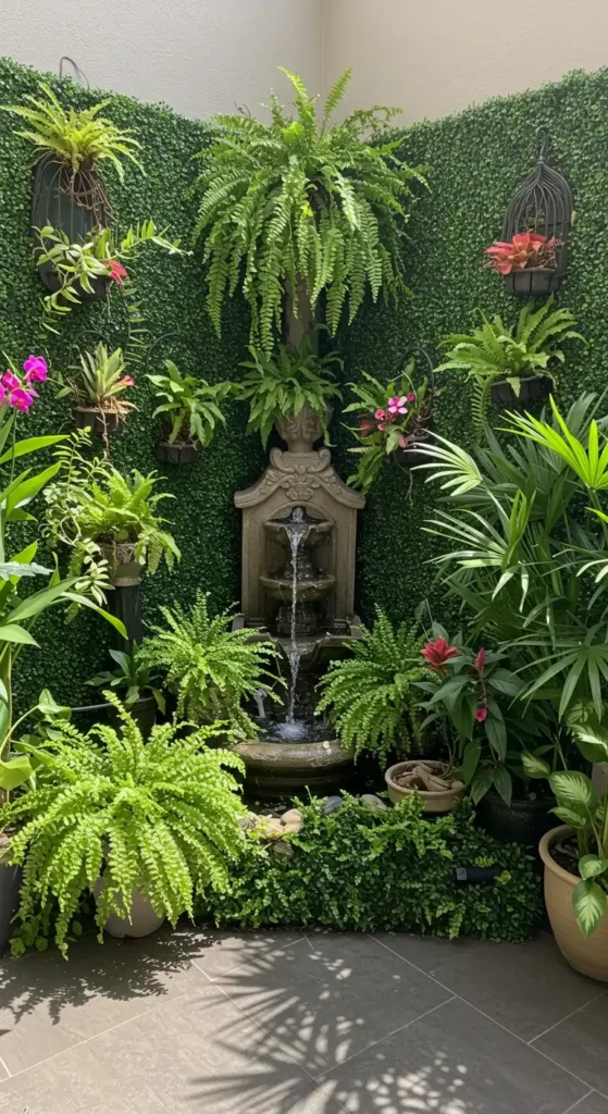 A lush indoor corner garden decor ideas are displayed, featuring a faux green wall as a backdrop. Hanging planters, a tiered stone fountain, and potted plants with ferns, orchids, and other tropical foliage create a vibrant, multi-layered effect. The space is designed to bring nature indoors, showcasing various corner garden arrangements for inspiration.