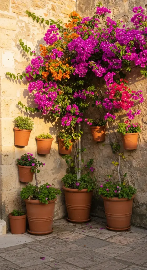 A vibrant display of corner garden decor ideas, featuring a stone wall adorned with potted plants and a cascading bougainvillea. The bougainvillea's vivid pink, magenta, and orange blossoms spill over the wall, while various terracotta pots with greenery and flowers are arranged at different heights, both on the ground and mounted on the wall. This creates a lush and inviting corner garden arrangement.