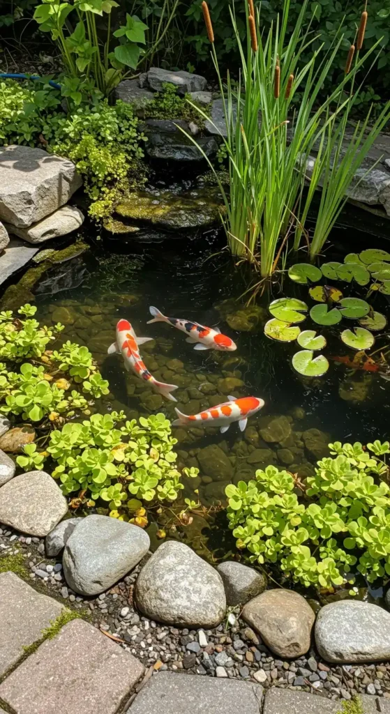 This image showcases beautiful corner garden decor ideas with a serene koi pond as the focal point. The pond is surrounded by natural stones, lush green plants, and cattails. Three colorful koi fish swim beneath lily pads, and a small waterfall adds to the tranquil ambiance. This corner garden design provides a relaxing oasis, ideal for outdoor enjoyment.