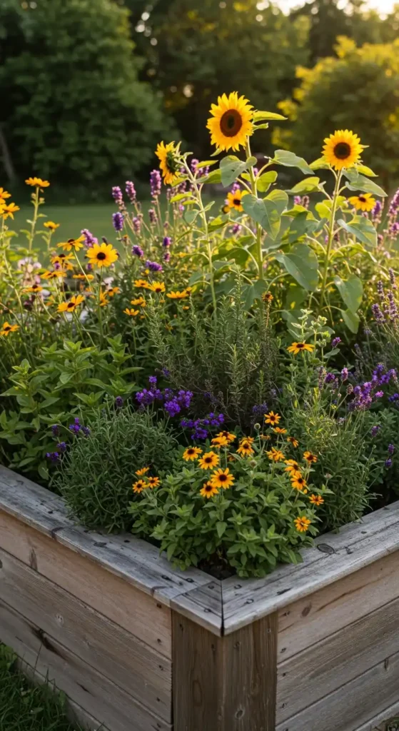 This image presents corner garden decor ideas with a raised wooden garden bed brimming with sunflowers, black-eyed susans, and lavender. The corner of the bed is highlighted, showing the construction and the abundant, colorful blooms inside. This setup offers a beautiful and functional example of utilizing corner space in a garden.