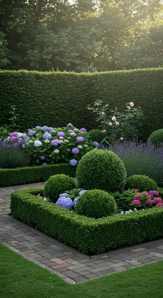 This image features sophisticated corner garden decor ideas, showcasing a manicured garden with neatly trimmed boxwood hedges forming geometric shapes. Within these shapes, lush hydrangeas in various shades of purple and pink bloom alongside lavender and roses. A brick pathway curves around the hedges, enhancing the structured yet natural design. This corner garden exemplifies a formal and elegant style.