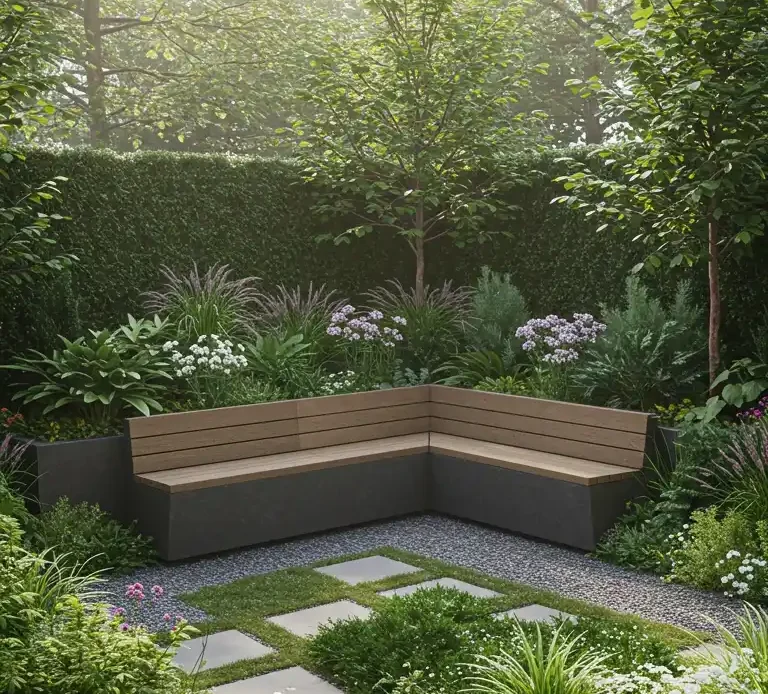 A serene outdoor scene showcases corner garden decor ideas, featuring a modern L-shaped wooden bench nestled amongst lush greenery. The bench sits on a bed of gray pebbles with a pathway of square stepping stones and grass leading through vibrant flowering plants, all framed by tall trees and a dense hedge. The gentle sunlight filters through the foliage, creating a peaceful ambiance.