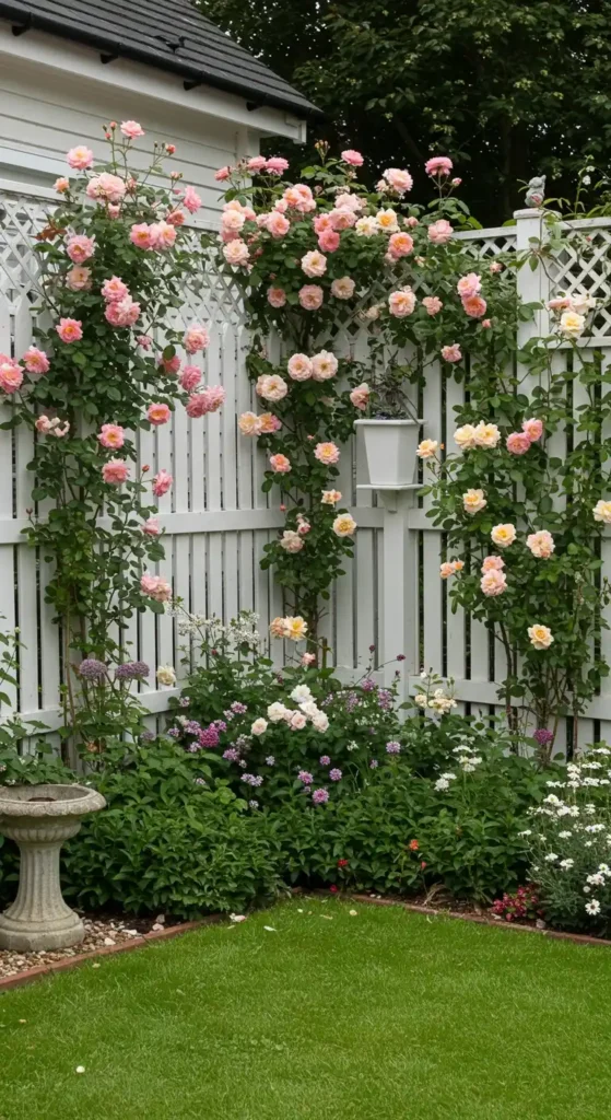 This image showcases corner garden decor ideas featuring a white lattice fence adorned with climbing roses in shades of pink and apricot. Below the roses, a variety of flowers in white, pink, and purple add to the lushness of the garden bed. A stone birdbath sits at the corner of the bed, and a green lawn completes the scene. This arrangement demonstrates a charming and romantic corner garden design.