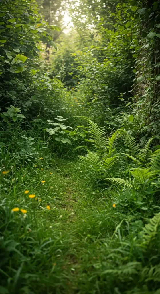 A serene image of a lush, natural pathway winding through dense green foliage and ferns, with small yellow wildflowers dotting the edges. Sunlight filters through the canopy, creating a tranquil and inviting scene. This wild and untamed corner space inspires naturalistic corner garden decor ideas, emphasizing a sense of organic growth and peaceful wilderness.