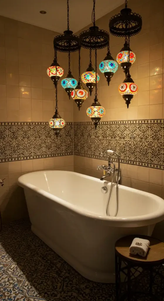 A warm and inviting Turkish decor bathroom is illuminated by a cluster of colorful, mosaic-glass pendant lamps hanging from the ceiling. The bathroom features a freestanding white bathtub with chrome fixtures. A band of decorative, patterned tiles runs horizontally along the walls, contrasting with the larger, solid beige tiles. The floor has a dark patterned tile. A wooden side table with a neatly folded towel adds a touch of functionality. The room's design, with its use of mosaic lighting and intricate tiling, creates a traditional, Turkish-inspired ambiance.