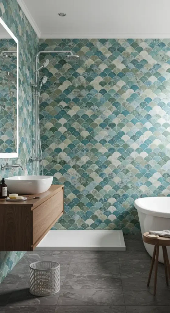 A contemporary bathroom with a nod to Turkish decor features a wall covered in scale-patterned tiles in shades of turquoise, teal, and white. The bathroom includes a modern wooden vanity with a round white basin, a white-framed mirror, and a chrome shower fixture. A freestanding white bathtub sits adjacent to the shower area, complemented by a small wooden stool. The floor is covered in gray marble tiles. The combination of the scale-patterned tiles with natural wood and marble creates a subtle yet sophisticated Turkish-inspired aesthetic.